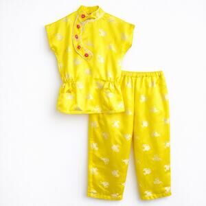 Vintage Womens Handmade Yellow Satin Jacquard Cheongsam Pajama Set Floral Small